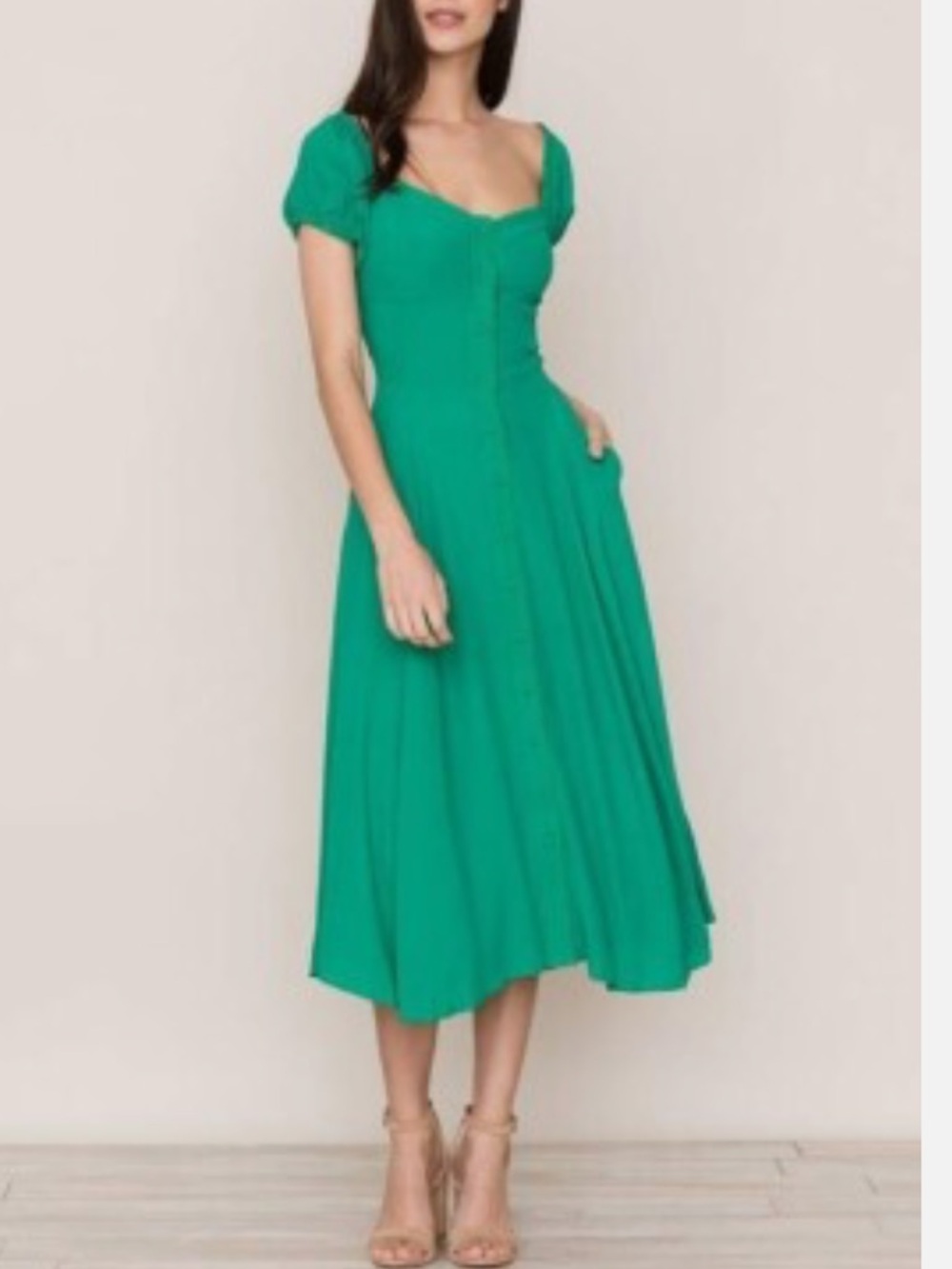 YUMI KIM Mercer Button Down Green Smocked Back Midi Dress sm petite